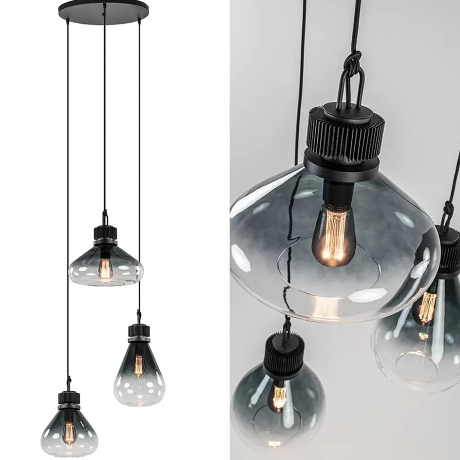 Eettafellampen | Keukenverlichting>Straluma Ronde 3-lichts hanglamp zwart met smoke/helder glas