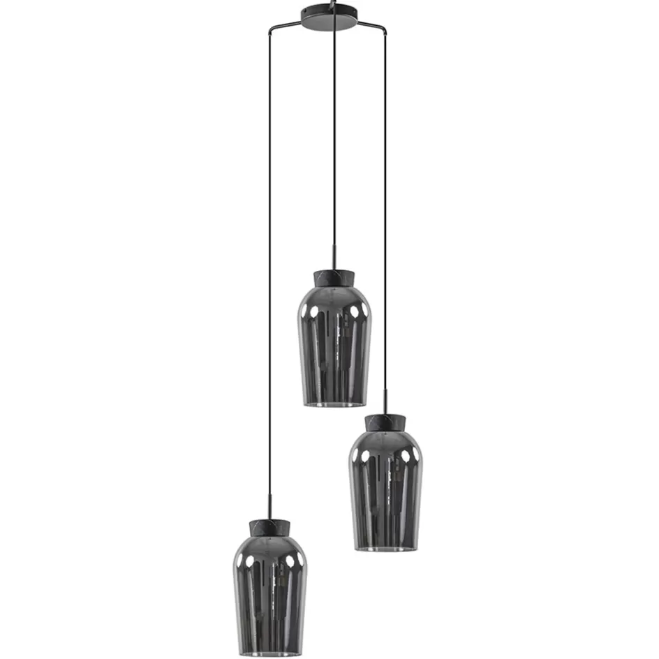 Eettafellampen | Eetkamerverlichting>Straluma Ronde 3-lichts hanglamp zwart/marmer met smoke glas