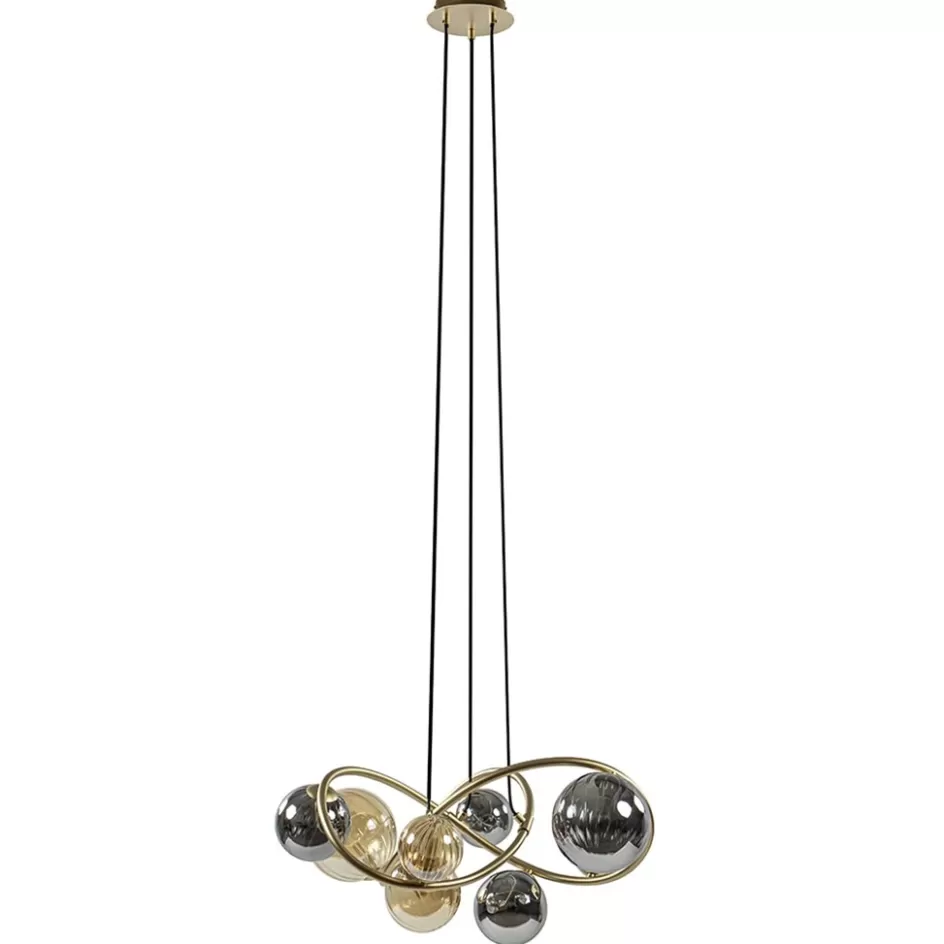 Hanglampen | Eettafellampen>Straluma Ronde hanglamp goud met amber en smoke glas