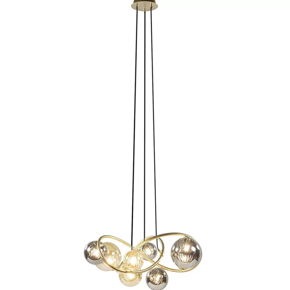 Hanglampen | Eettafellampen>Straluma Ronde hanglamp goud met amber en smoke glas