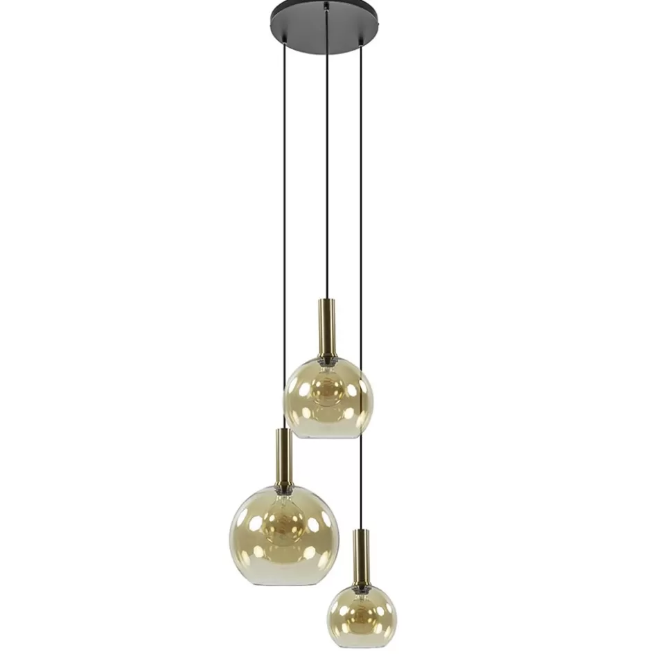 Eettafellampen | Pendel Lampen>Straluma Ronde hanglamp zwart/goud met amber glas