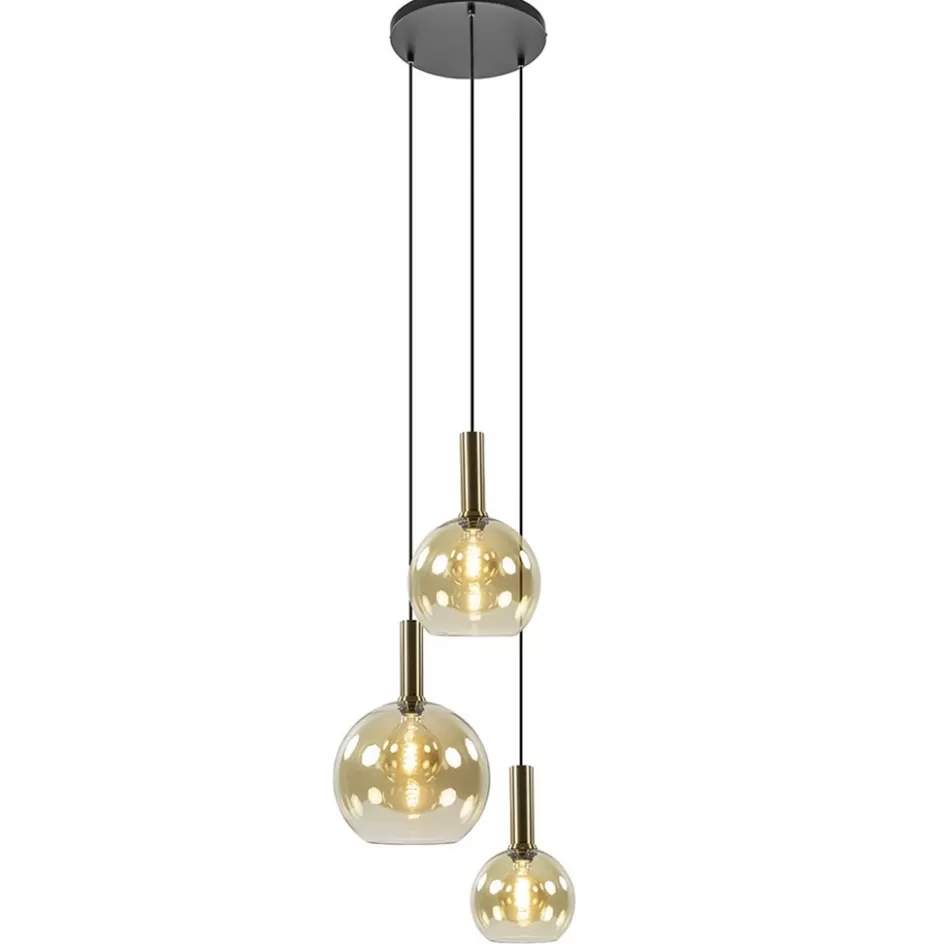 Eettafellampen | Pendel Lampen>Straluma Ronde hanglamp zwart/goud met amber glas