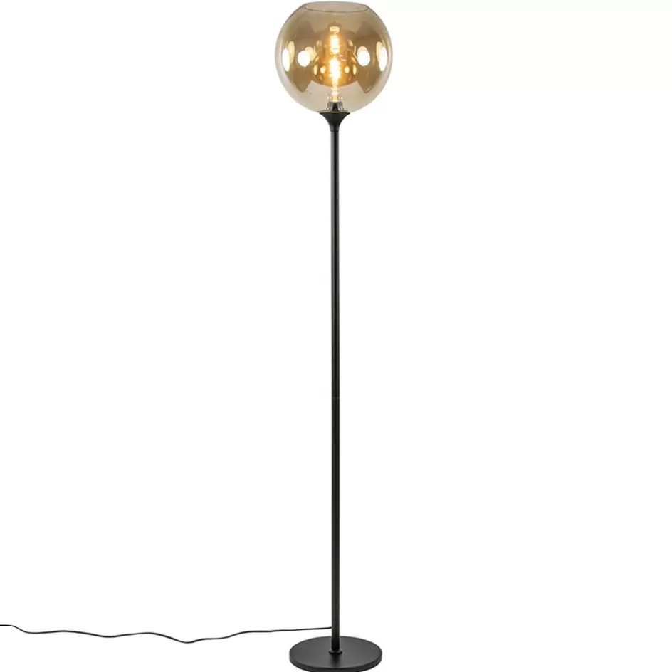 Vloerlampen | Klassieke Verlichting>Straluma Strak klassieke vloerlamp zwart met amber glas 30 cm