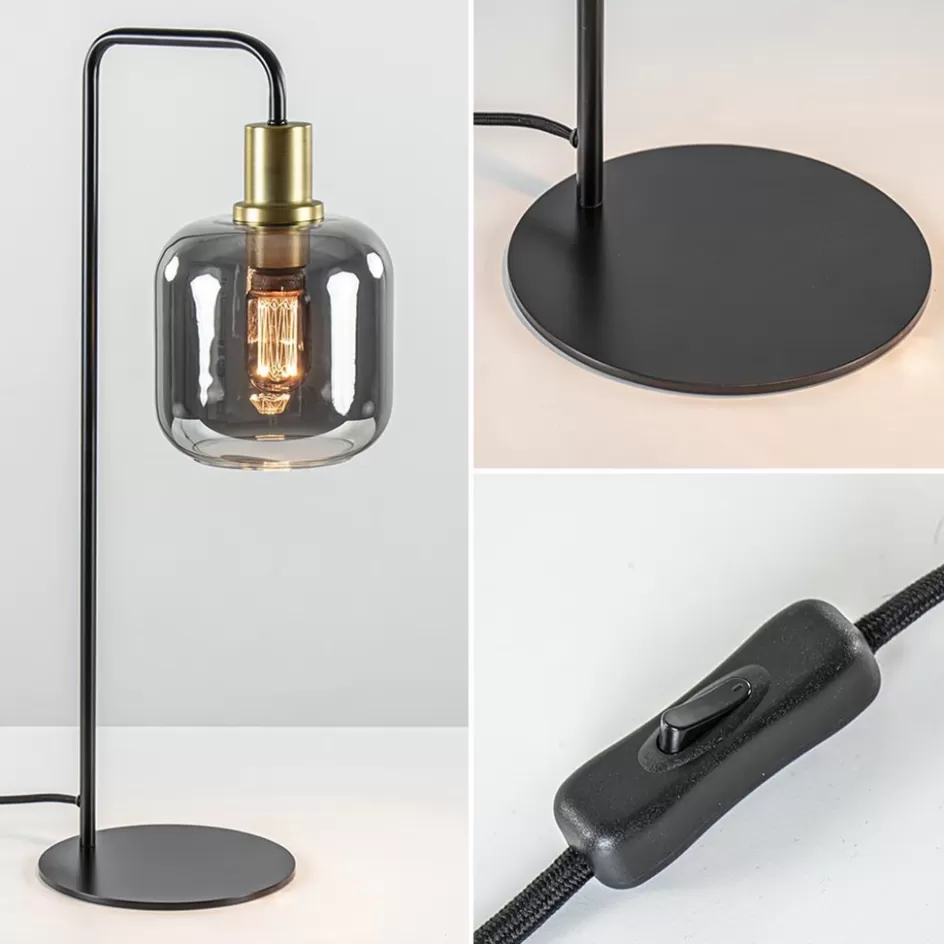 Light and Living | Woonkamerlampen>Straluma Tafellamp Lekar zwart/brons met smoke glazen kap