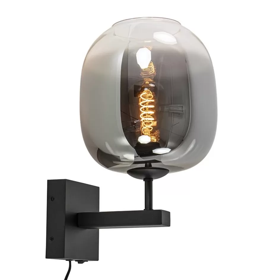 Wandlampen | Luxe Verlichting>Straluma Trendy wandlamp zwart met smoke glazen kap en snoer