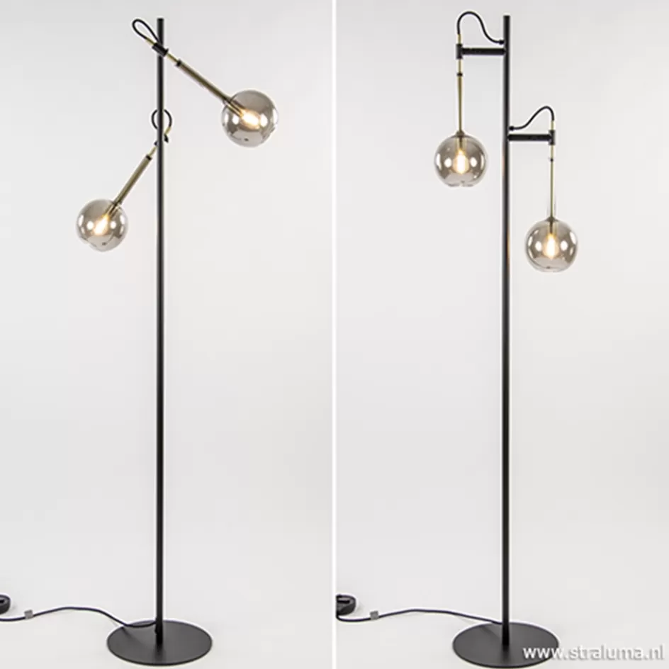 Slaapkamerlampen | Kantoorverlichting>Straluma Vloerlamp Globe 2-L zwart/goud smokeglas