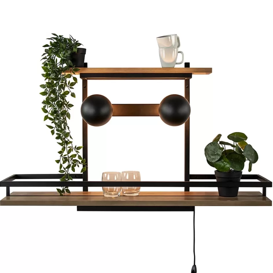 Eetkamerverlichting | Wandlampen>Straluma Wandlamp/wandrek zwart met houten planken