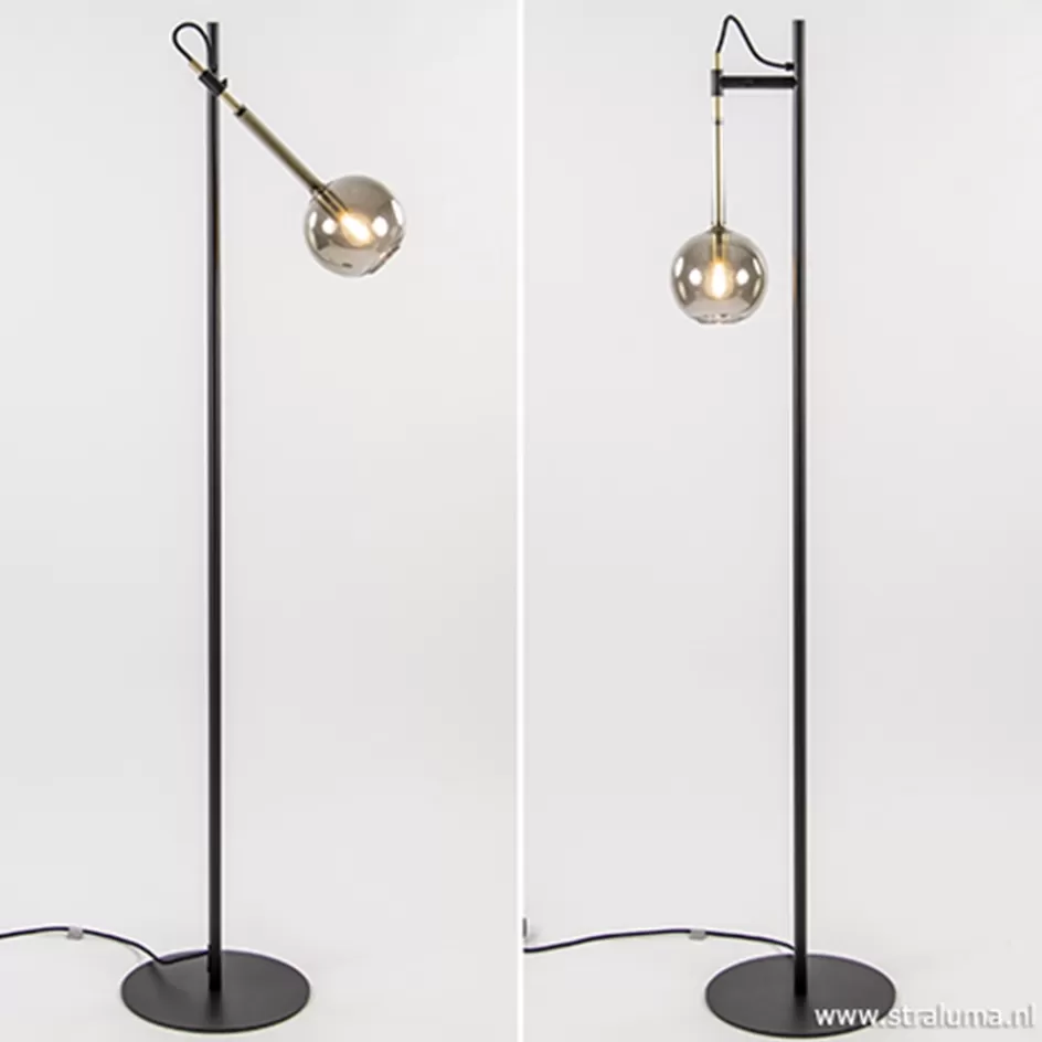 Slaapkamerlampen | Halverlichting>Straluma Zwart/messing vloerlamp met smoke glas